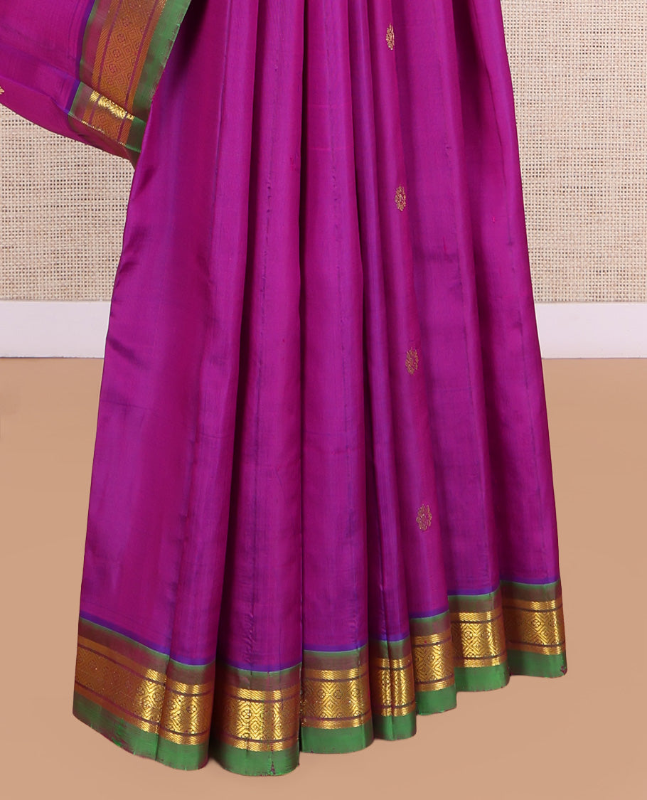 Purple Kanchipuram Silk Saree, Woven with Zari Buttas, a Contrast One-Sided Border of Banaras, and Jaal Designs, Zari Design Pallu, and No Blouse