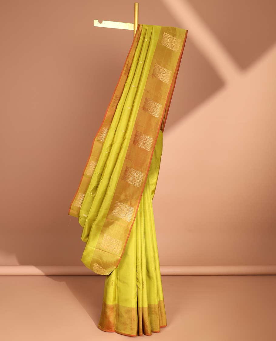Yellow floral buttas kancheepuram silk saree with contrast zari design border & intricate zari design pallu