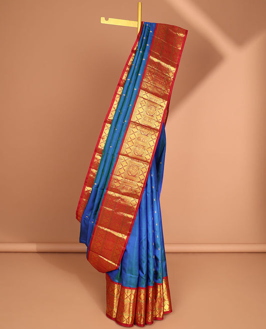 Blue kancheeuram silk saree with contrast korvai zari design border & striped pallu