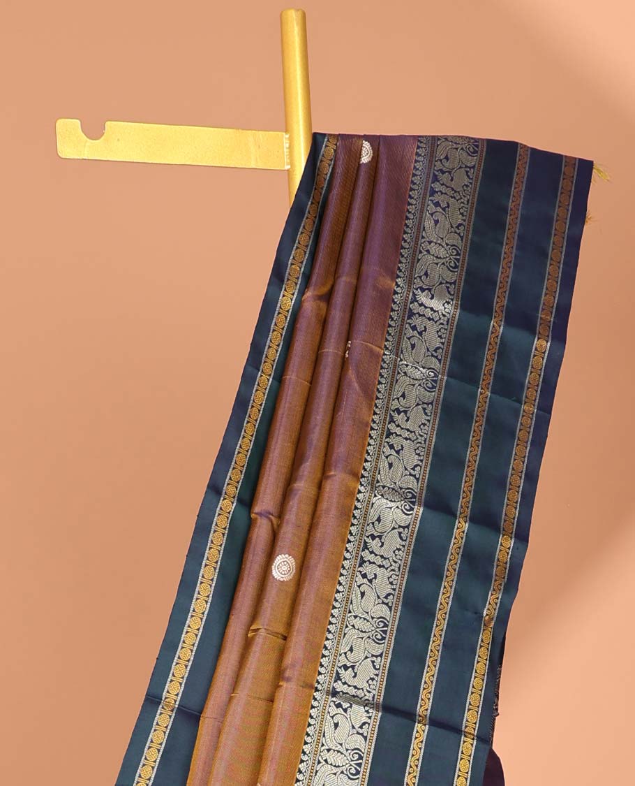 Brown floral buttas kancheepuram silk saree with contrast border of banaras, muthu, paun design & intricate zari design pallu
