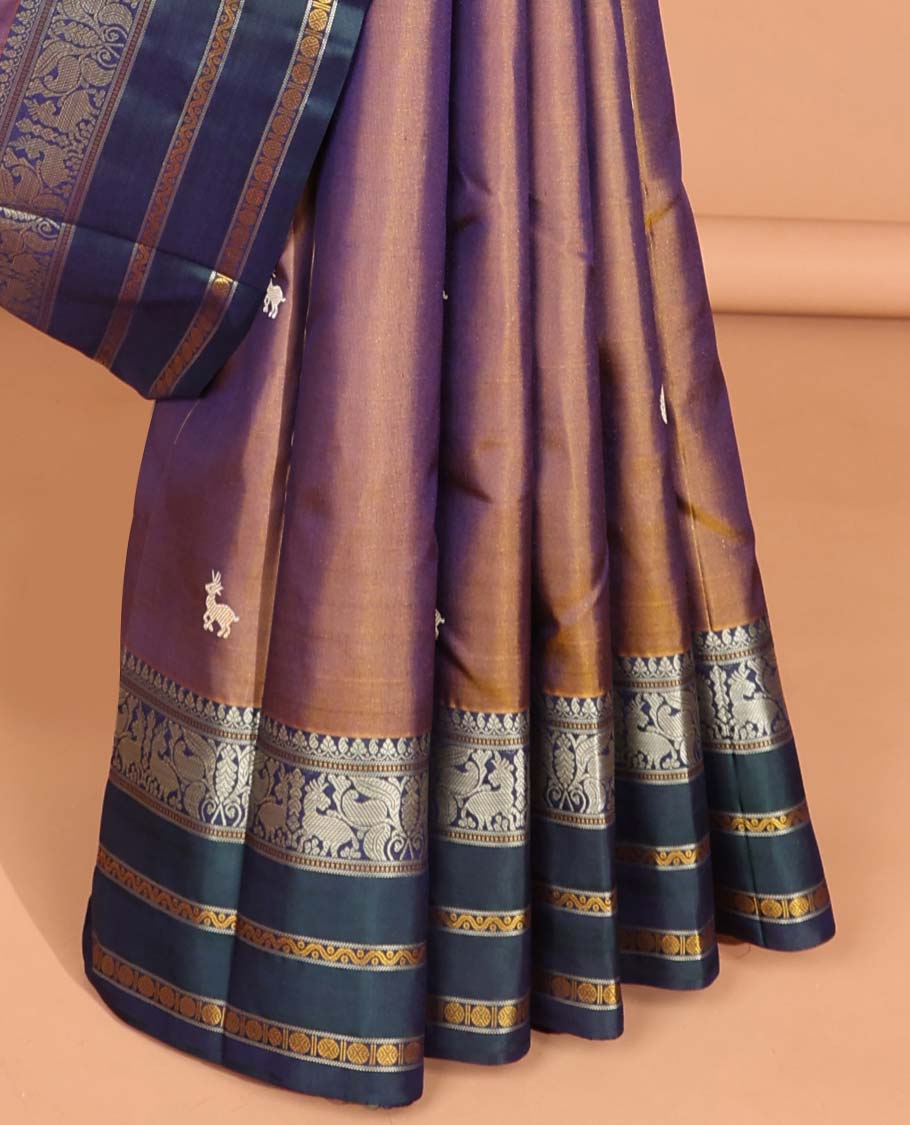 Brown floral buttas kancheepuram silk saree with contrast border of banaras, muthu, paun design & intricate zari design pallu