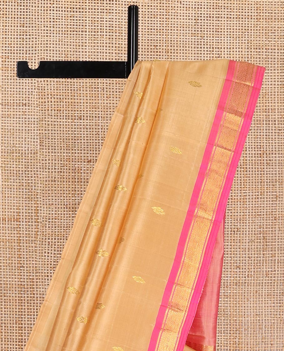 Light orange floral buttas kancheepuram silk saree with contrast zari design border & striped, floral design pallu