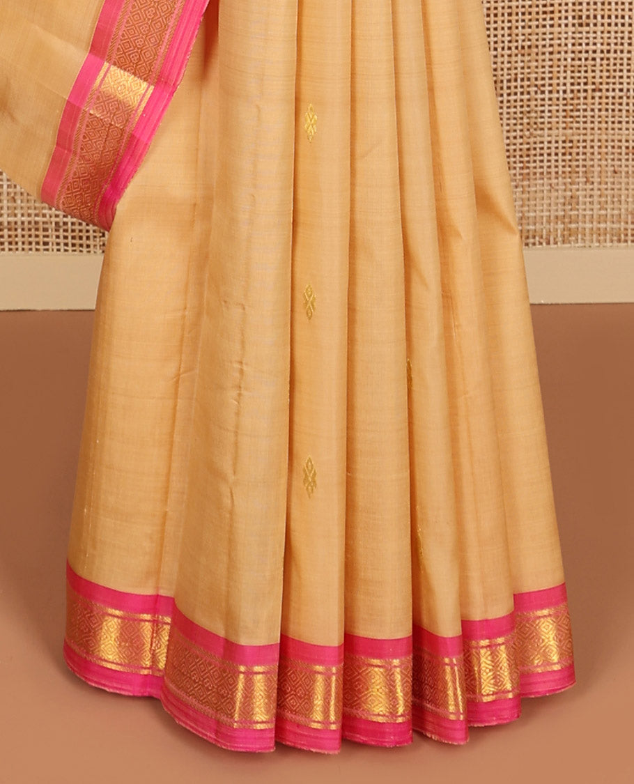 Light orange floral buttas kancheepuram silk saree with contrast zari design border & striped, floral design pallu