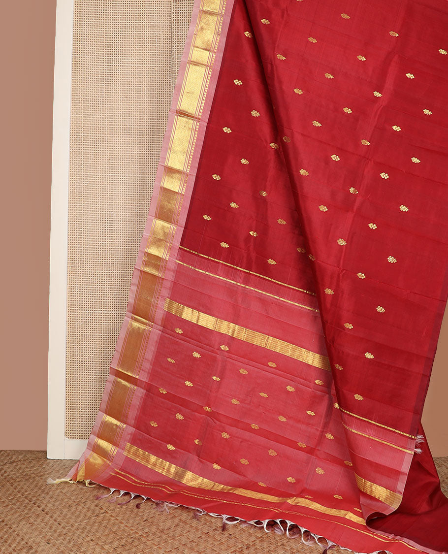 Red zari buttas Kanchipuram silk saree, contrast border of panner sombu, banaras & jaal design & zari design pallu