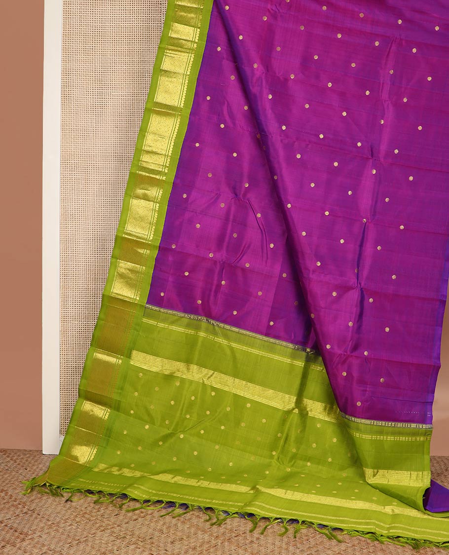 Pink zari buttas silk saree, contrast one-sided korvai border of salangai & jaal designs & pallu of zari designs