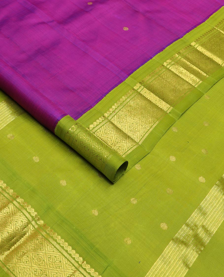 Pink zari buttas silk saree, contrast one-sided korvai border of salangai & jaal designs & pallu of zari designs