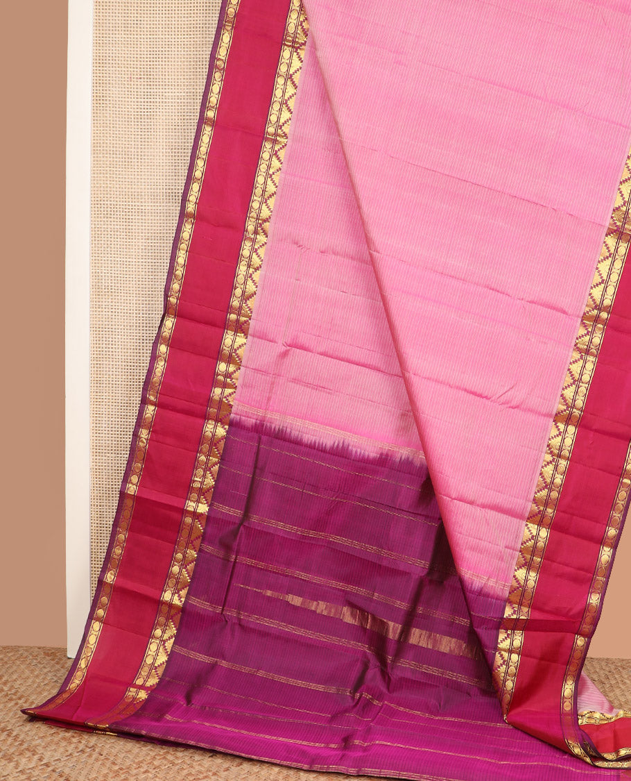 Pink striped Kanchipuram silk saree, contrast rettai pettu border of thazampoo rekku, and rudraksham designs, and zari striped pallu