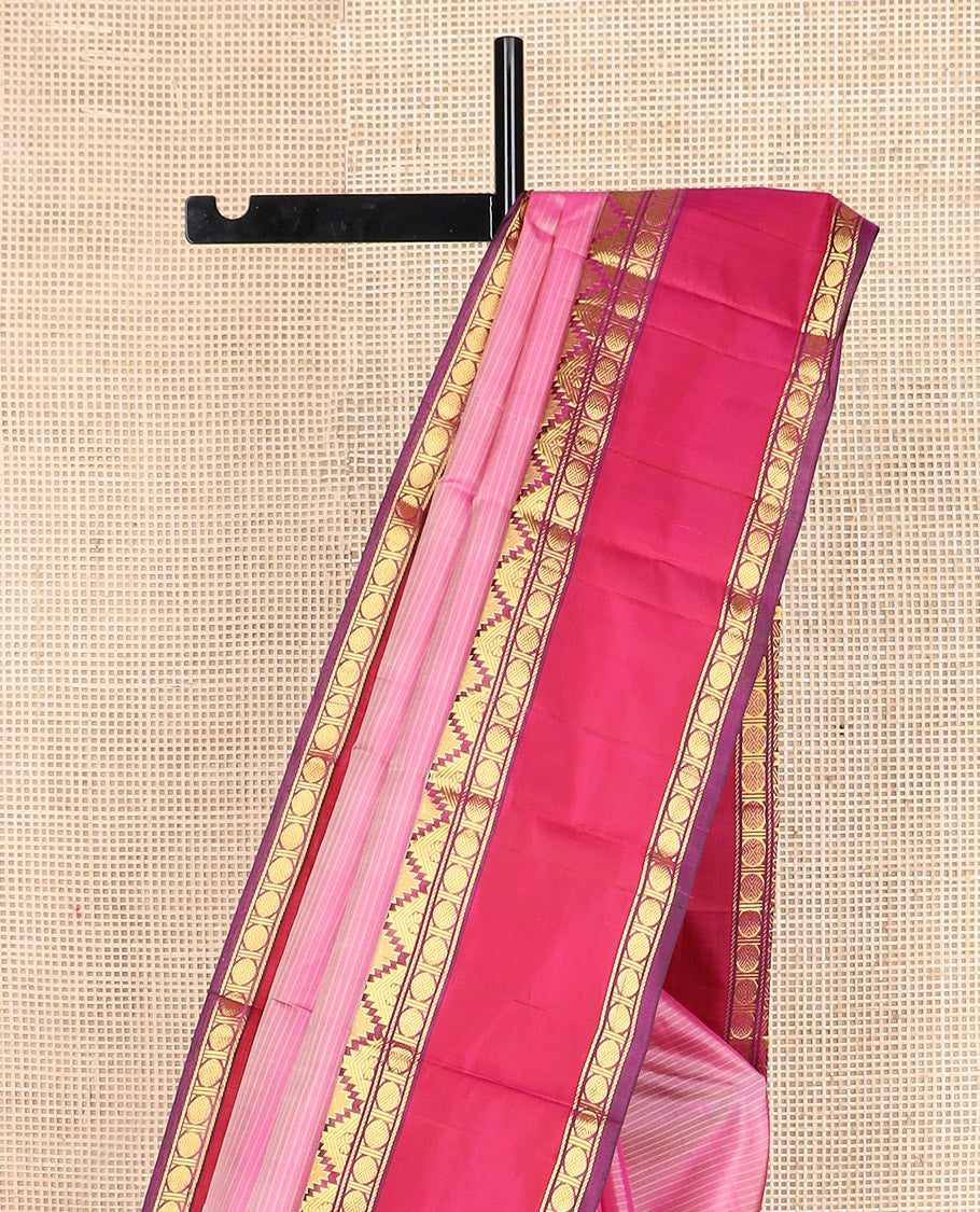 Pink striped Kanchipuram silk saree, contrast rettai pettu border of thazampoo rekku, and rudraksham designs, and zari striped pallu