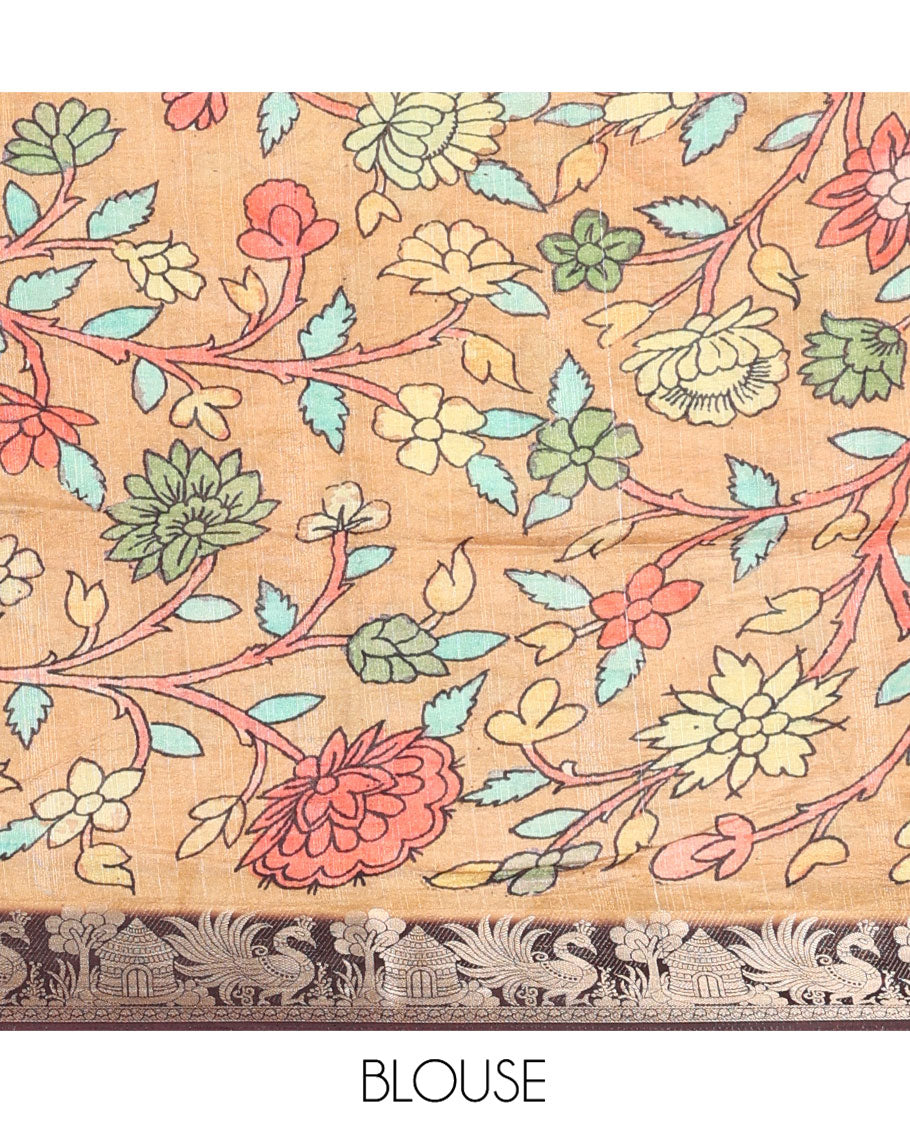 Maroon Semi-Tussar Saree Gracefully Printed with Geometric and Abstrast Print, Complemented by a Zari Border, Contrast Pallu of Ancient Characters Print, and Paired with a Contrast Printed Blouse