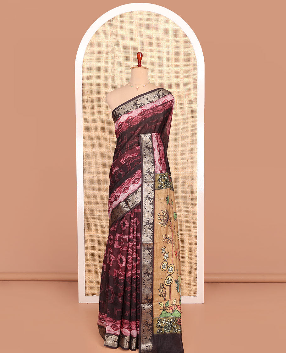 Maroon Semi-Tussar Saree Gracefully Printed with Geometric and Abstrast Print, Complemented by a Zari Border, Contrast Pallu of Ancient Characters Print, and Paired with a Contrast Printed Blouse