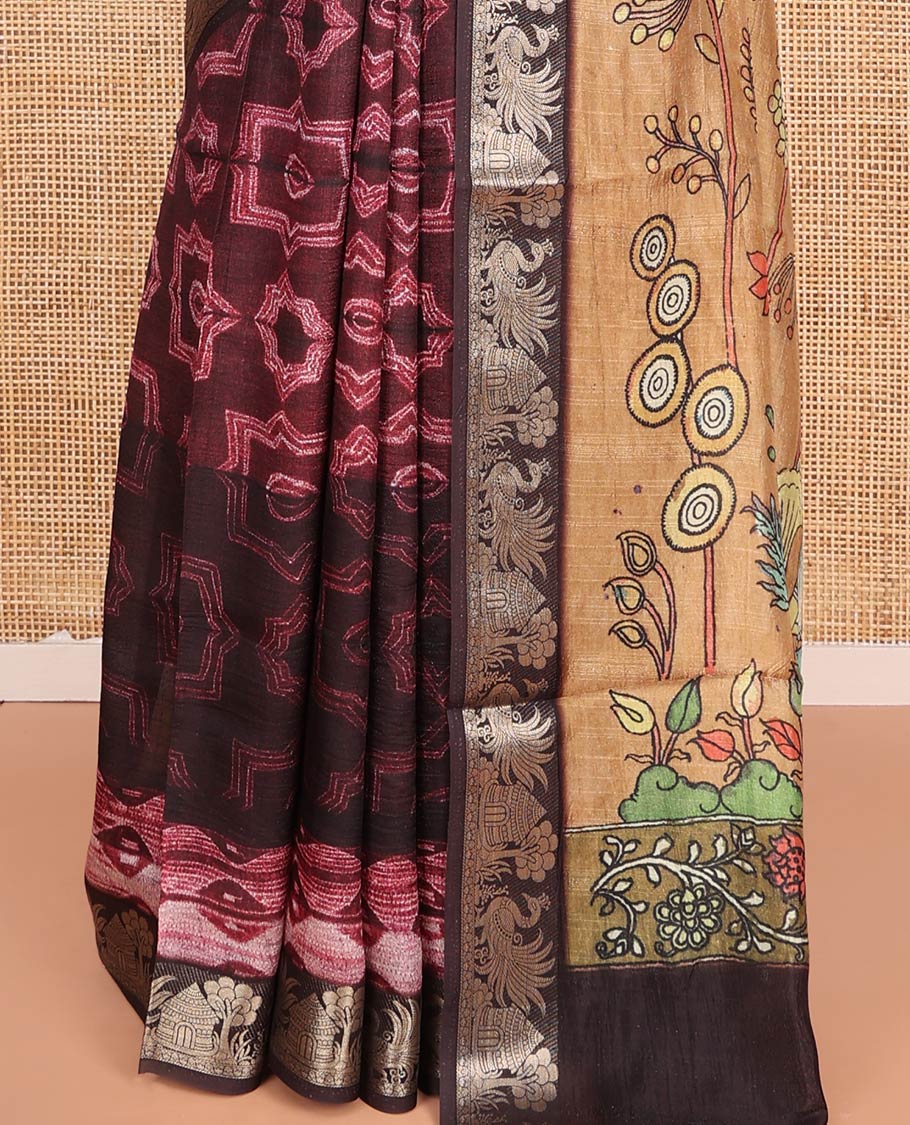 Maroon Semi-Tussar Saree Gracefully Printed with Geometric and Abstrast Print, Complemented by a Zari Border, Contrast Pallu of Ancient Characters Print, and Paired with a Contrast Printed Blouse