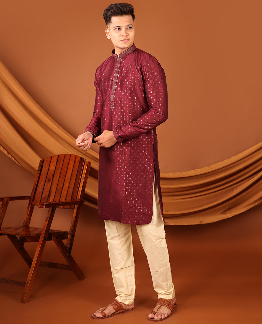 Maroon Unique Motifs Gold-Foil Printed Full-Sleeved Men's Kurta, Comes with Pants
