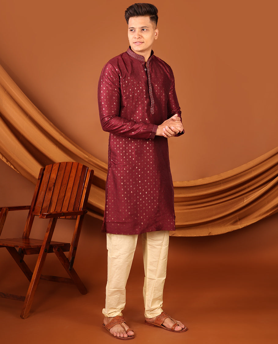 Maroon Unique Motifs Gold-Foil Printed Full-Sleeved Men's Kurta, Comes with Pants