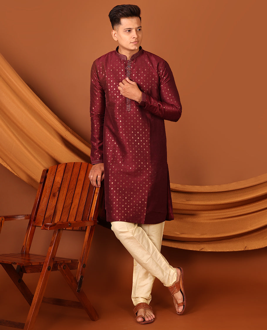 Maroon Unique Motifs Gold-Foil Printed Full-Sleeved Men's Kurta, Comes with Pants
