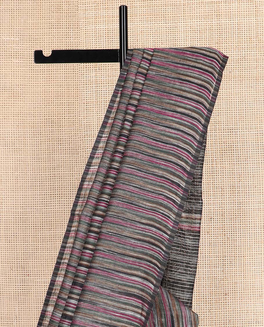 Borderless multi-color striped linen cotton saree, self-pallu of stripes