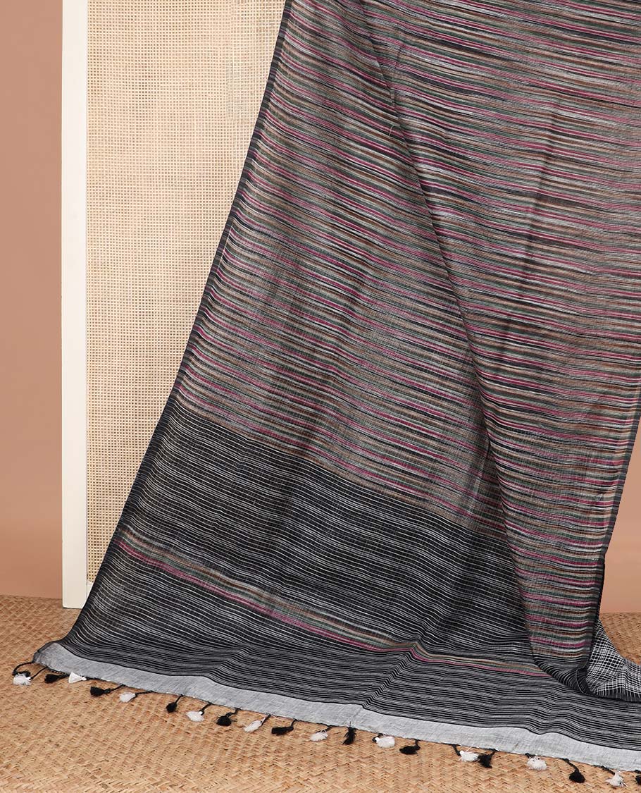 Borderless multi-color striped linen cotton saree, self-pallu of stripes