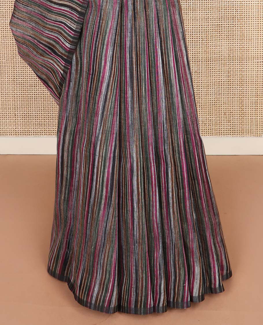 Borderless multi-color striped linen cotton saree, self-pallu of stripes