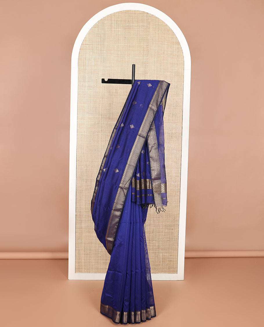 Blue geometric motifs maheshwari cotton saree with contrast zari design border & striped, geometric design pallu