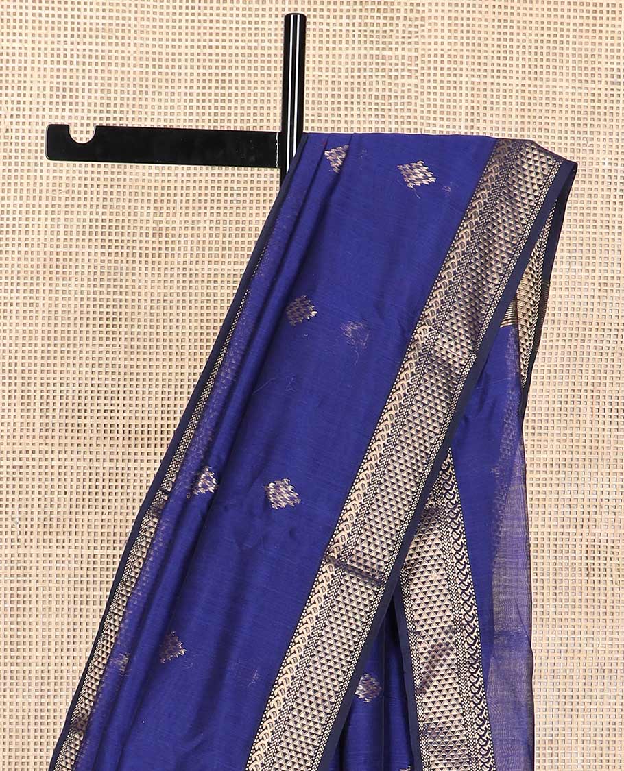 Blue geometric motifs maheshwari cotton saree with contrast zari design border & striped, geometric design pallu