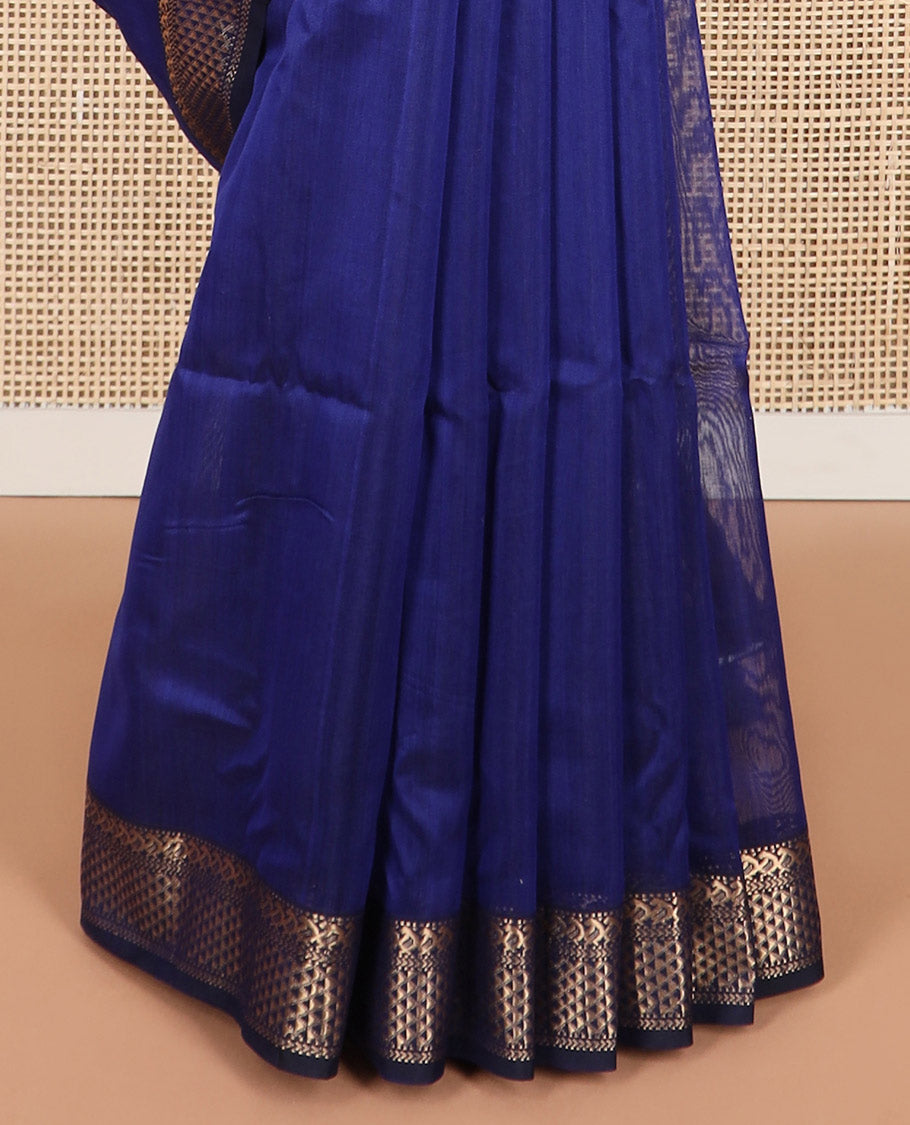 Blue geometric motifs maheshwari cotton saree with contrast zari design border & striped, geometric design pallu