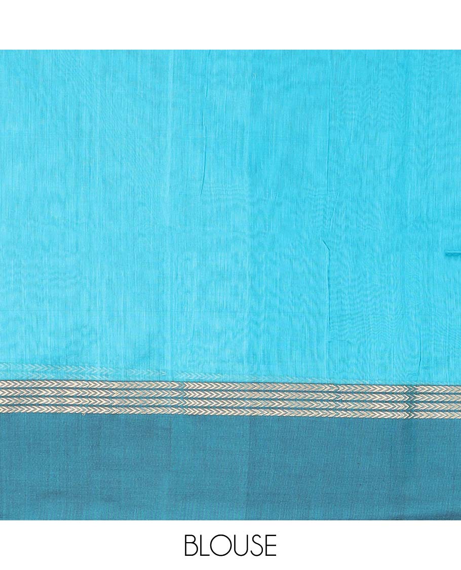 Blue Maheshwari Cotton Saree Adorned with Zari Buttas, Highlighted with Contrast Zari Leaf Striped Border, Pallu Scintillated with Jaal Designs, and Paired with a Matching Blouse