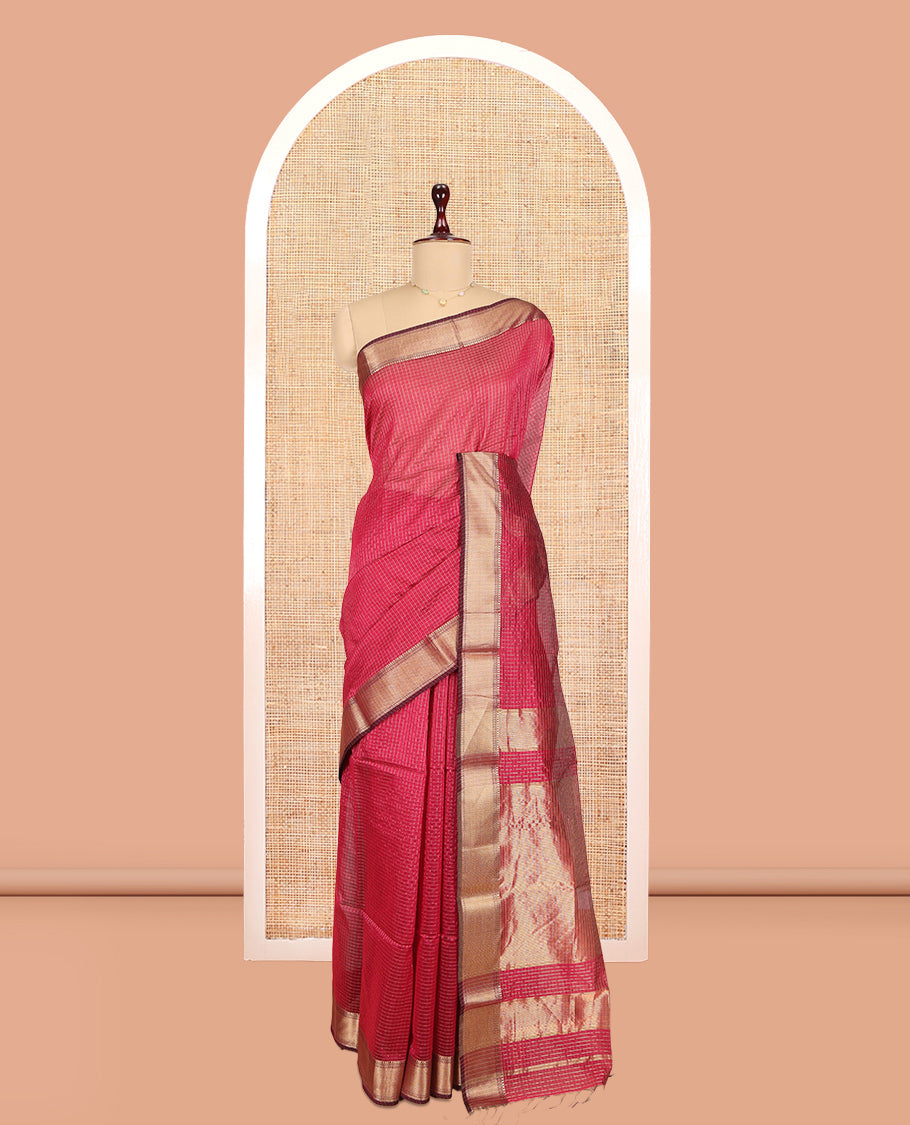 Red Maheshwari Cotton Saree, Woven with Zari Checks, a Traditional Zari Border, Gleaming Zari Pallu, and a Matching Blouse