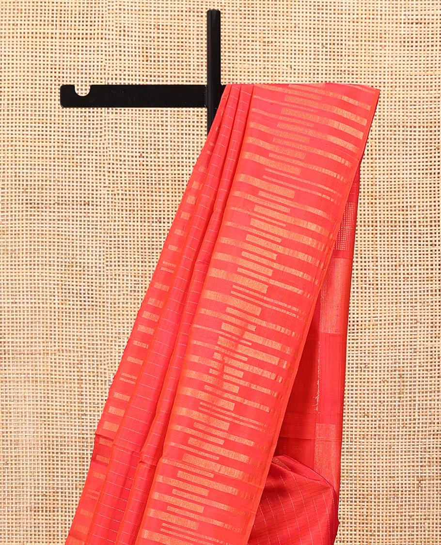 Red Mayuri Soft Silk Saree, Sparsely Sparkled with Stripes All Over Its Body, Highlighted by Zari Geometric Border, Pallu of Gleaming Zari Checks, and Paired with a Matching Blouse