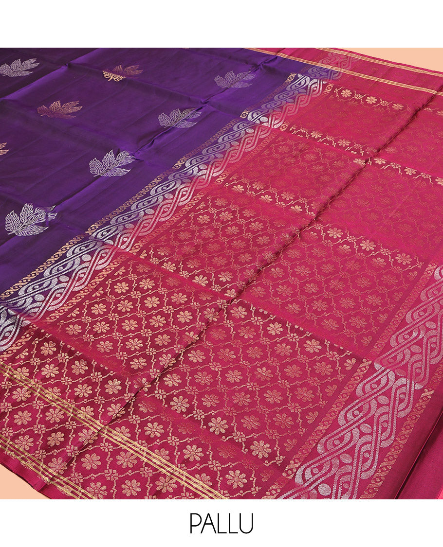 Violet Mayuri Lite Silk Mix Saree, Enriched with Leaf Buttas, Complemented by a Contrast Striped Border, Pallu of Jaal Designs, and a Contrast Blouse