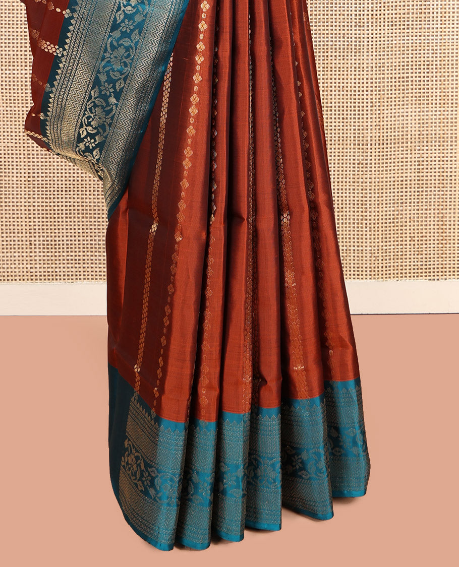 Orange Mayuri Soft Silk Saree, Woven with Zari Designs, Complemented by a Contrast Traditional Border, Pallu of Intricate Design, and Contrast Blouse