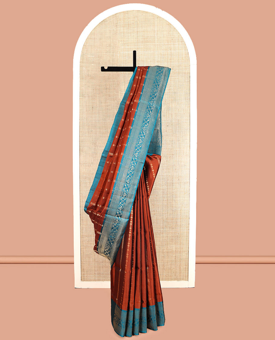 Orange Mayuri Soft Silk Saree, Woven with Zari Designs, Complemented by a Contrast Traditional Border, Pallu of Intricate Design, and Contrast Blouse