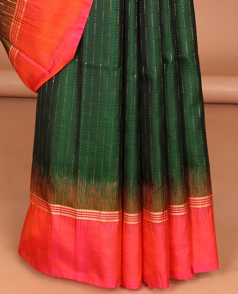 Green soft silk saree with buttas, contrast striped border & pallu of intricate designs