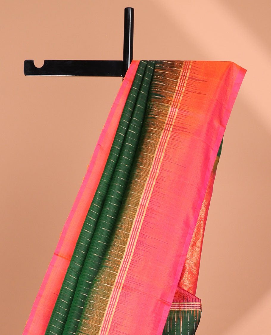 Green soft silk saree with buttas, contrast striped border & pallu of intricate designs