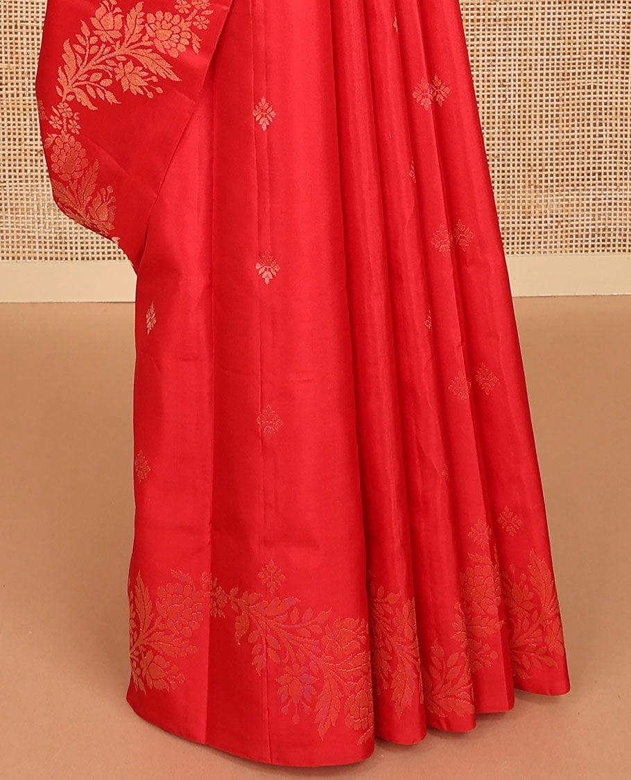 Red floral motifs mayuri soft silk saree with self zari design border & floral jaal design pallu