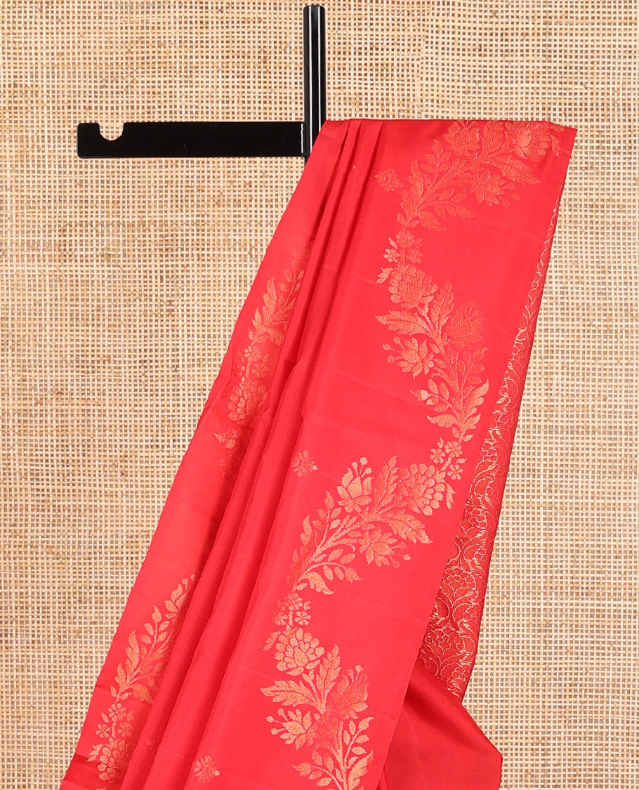 Red floral motifs mayuri soft silk saree with self zari design border & floral jaal design pallu