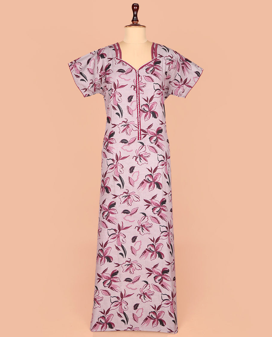 Grey Cotton Nighty Accentuated with Floral Print, Featuring Lace Work, Sweet-Heart-Style Front Neck, and 3/4th Sleeves