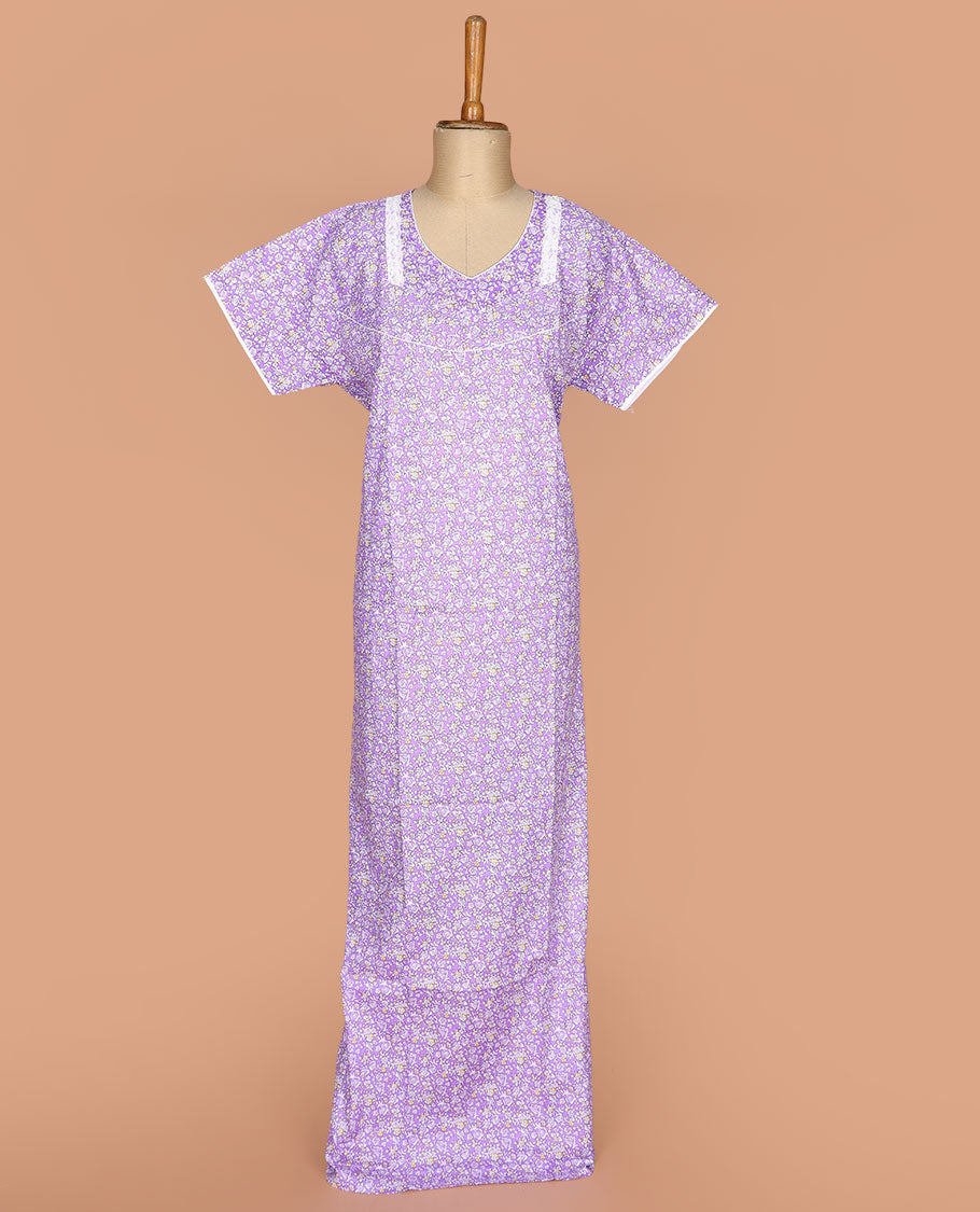 Lavender floral printed with leaf necked lace work half-sleeve nighty