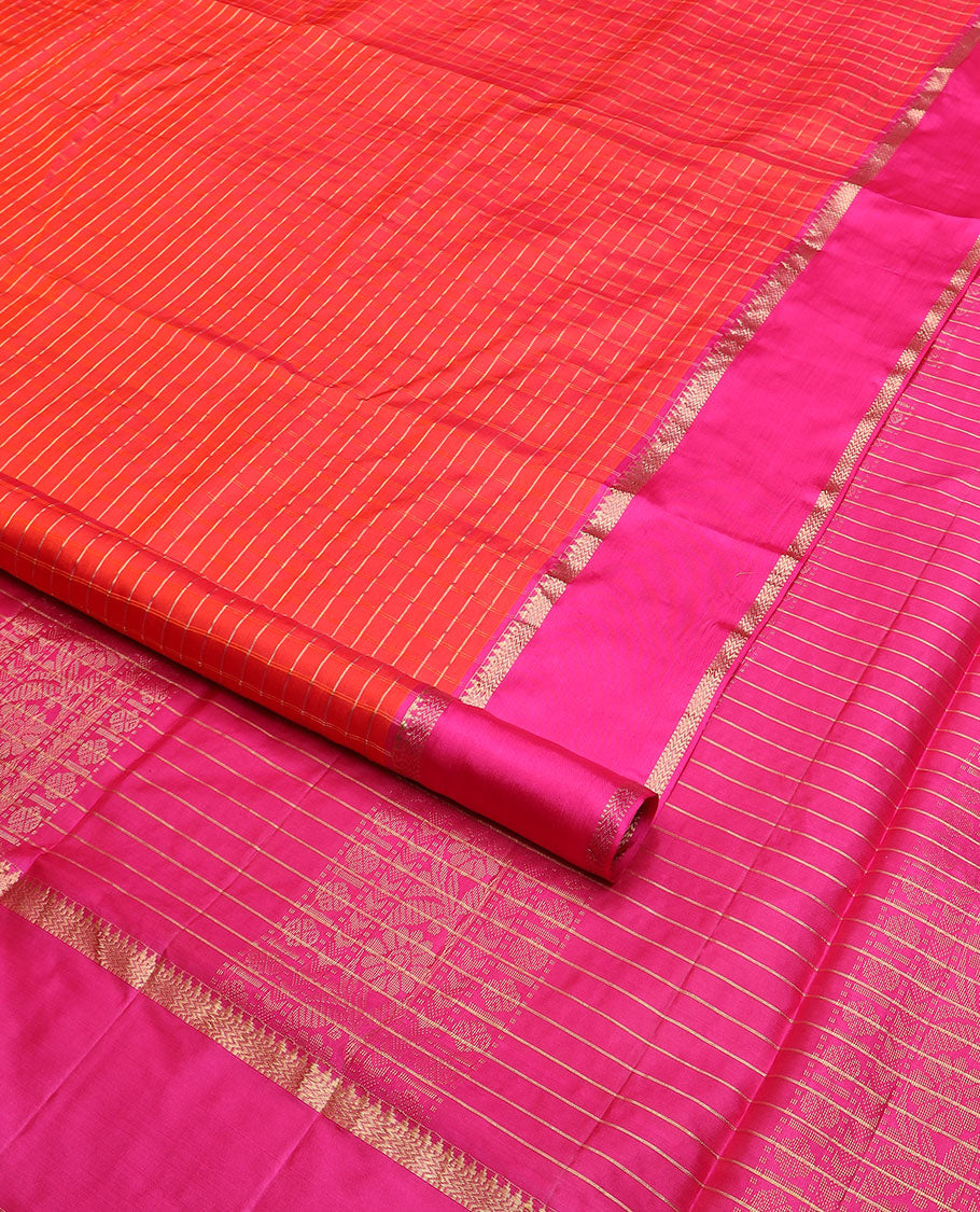 Orange checked nine-yard silk saree, contrast rettai pettu border of rekku, and vanki designs, and traditional zari pallu