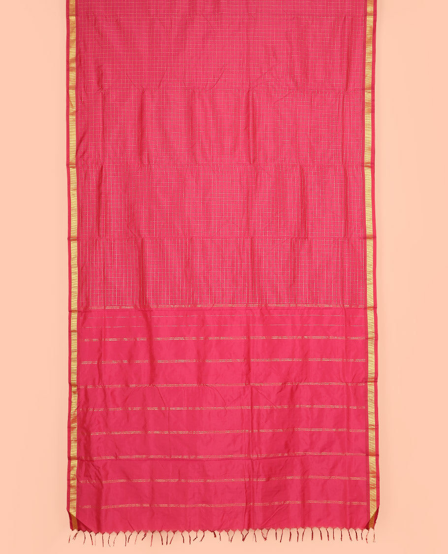 Fuchsia Pink Muthu Checked Ten Yard Art Silk Saree, Complemented by a Traditional Zari Border, and Pallu Featuring Subtle Zari Stripes