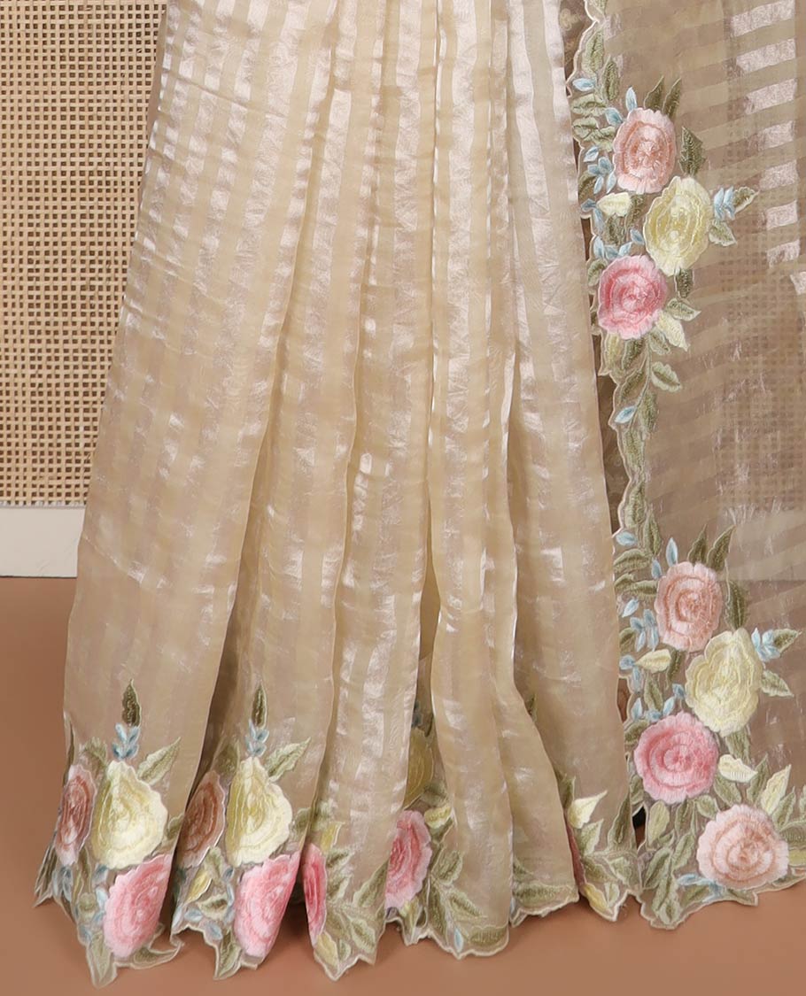 Light brown striped organza saree with self floral embroidery, scallop border
