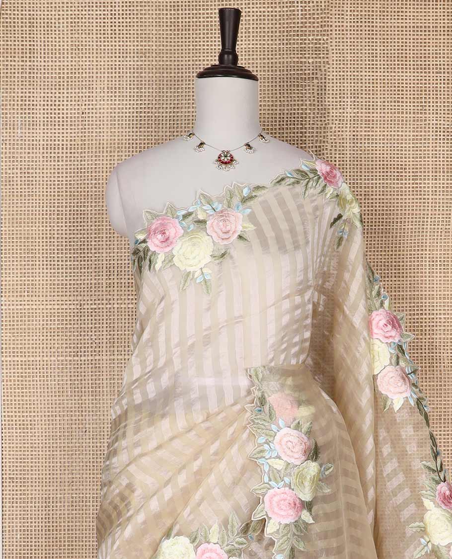 Light brown striped organza saree with self floral embroidery, scallop border