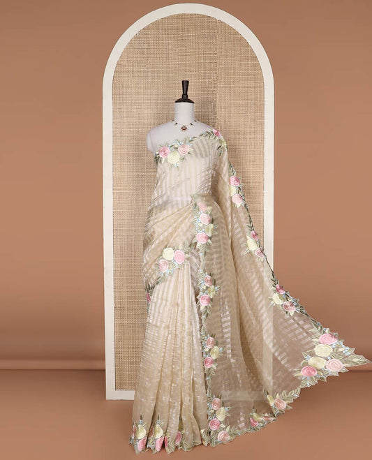 Light brown striped organza saree with self floral embroidery, scallop border