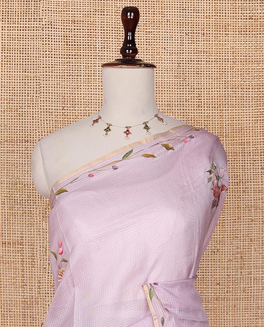 Lavender floral & butterflies hand-painted pure-kota silk saree, piping floral creeper design border & matching hand-painted blouse