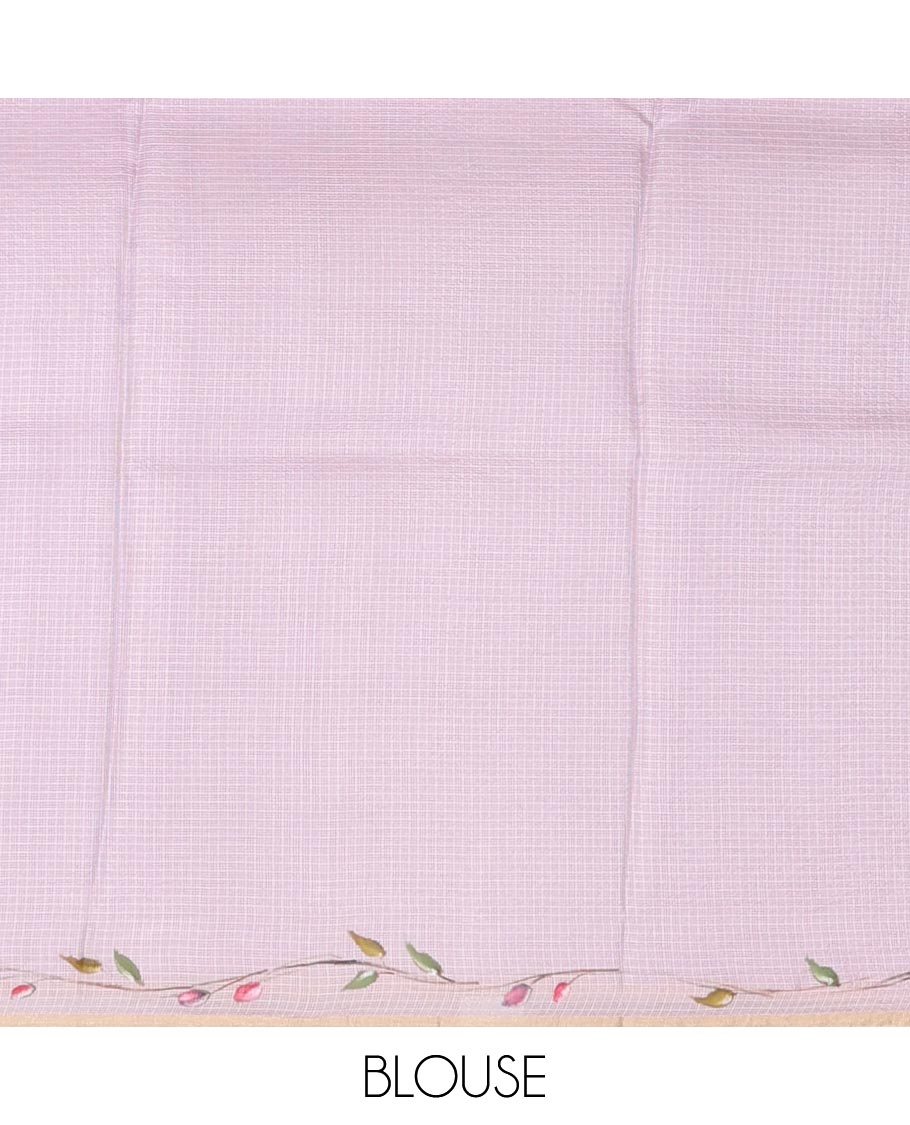 Lavender floral & butterflies hand-painted pure-kota silk saree, piping floral creeper design border & matching hand-painted blouse