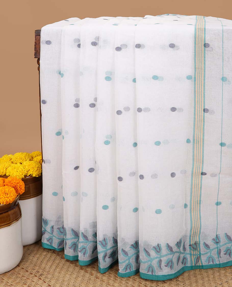 White thread butta bengal cotton saree with resham border & chit pallu allong with linen digital shafread blouse