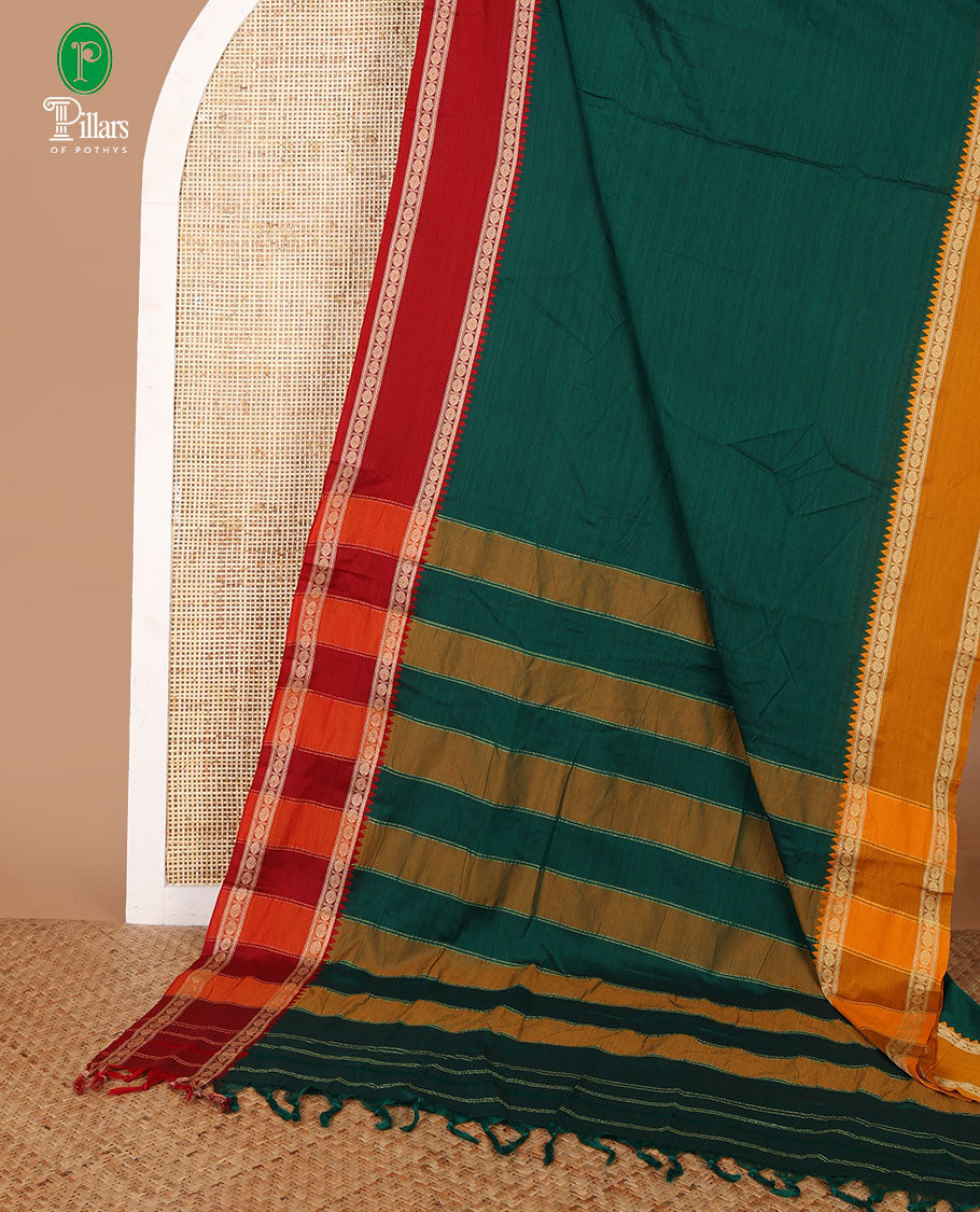 Bottle green mercerised cotton saree with ganga jamuna, rettai pettu thread border & seer pallu along with running blouse