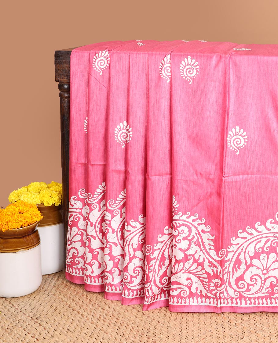 Pink all over weaving pathick printed malgudi silk saree with contrast pathick printed border & printed rich pallu & small butta printed blouse