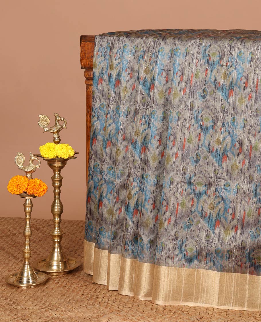 Cream ikkat style printed khicha tussar saree with bawanchi border & jute weaving pallu along with printed blouse