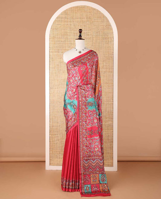 Multi-color geometric design masakali saree with printed, mirror work border & printed, mirror work pallu along with plain blouse
