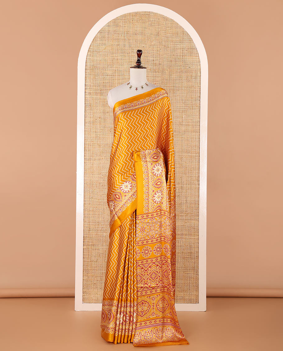 Yellow zig zag digital printed design gajji silk saree with ajrak printed border & ajrak printed pallu along with printed blouse
