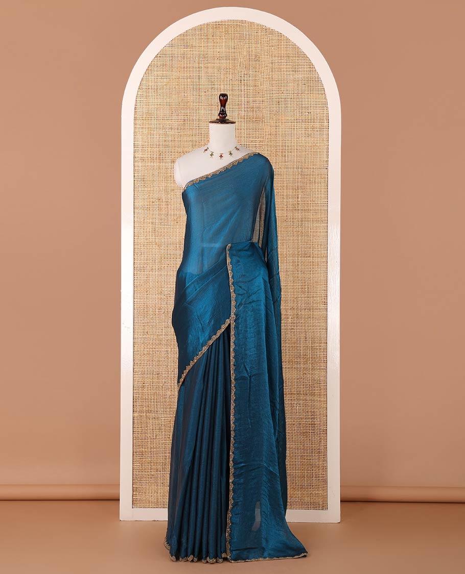 Blue fendy chiffon saree with hand work border & self pallu along with hand work blouse